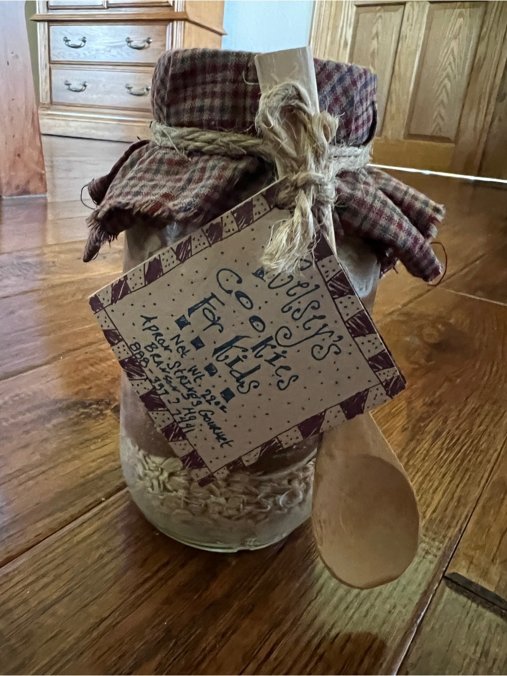 Handmade Decorative Glass Jar with Plaid Fabric Top and Wooden Spoon Decor Only
